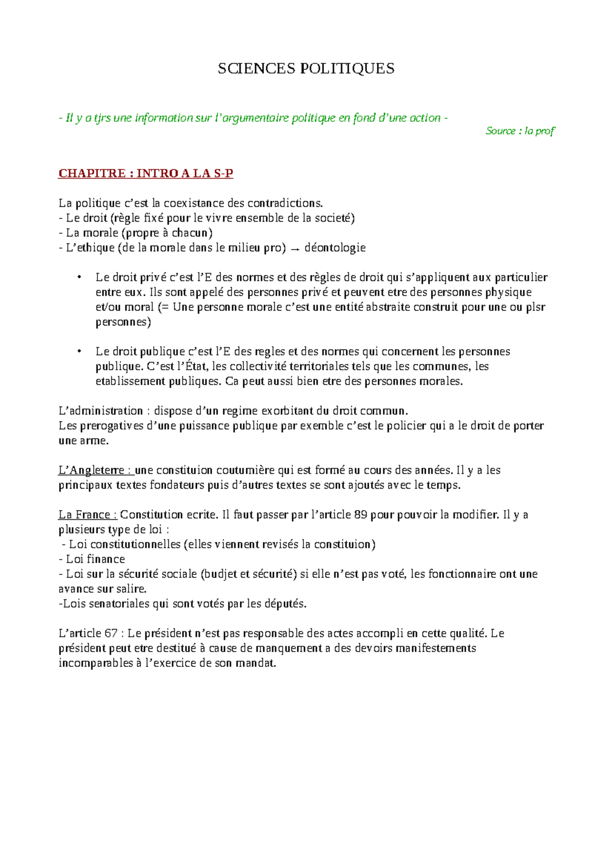 Cours 1 - Intro A LA Science Politique - SCIENCES POLITIQUES - Il y a ...