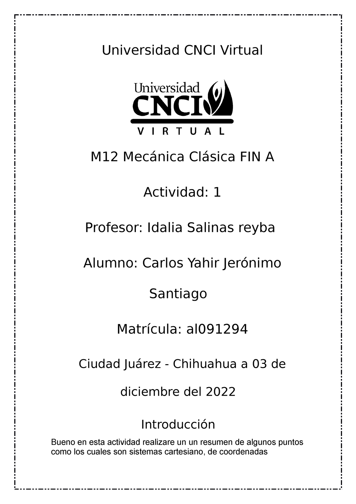 Actividad 1 Mecanica Clasica - Universidad CNCI Virtual M12 Mecánica ...