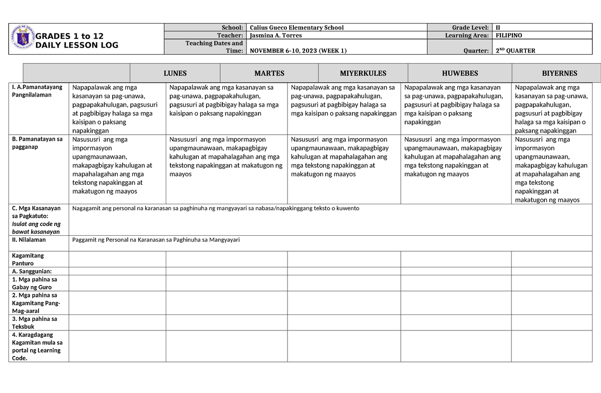 DLL Filipino 2 Q2 W1 - GRADES 1 To 12 DAILY LESSON LOG School: Calius ...