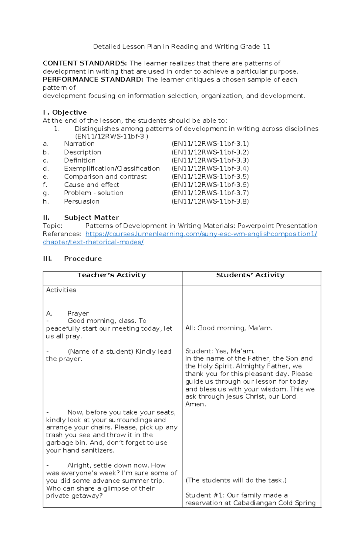 Detailed Lesson Plan in Reading and Writing Grade 11 PERFORMANCE