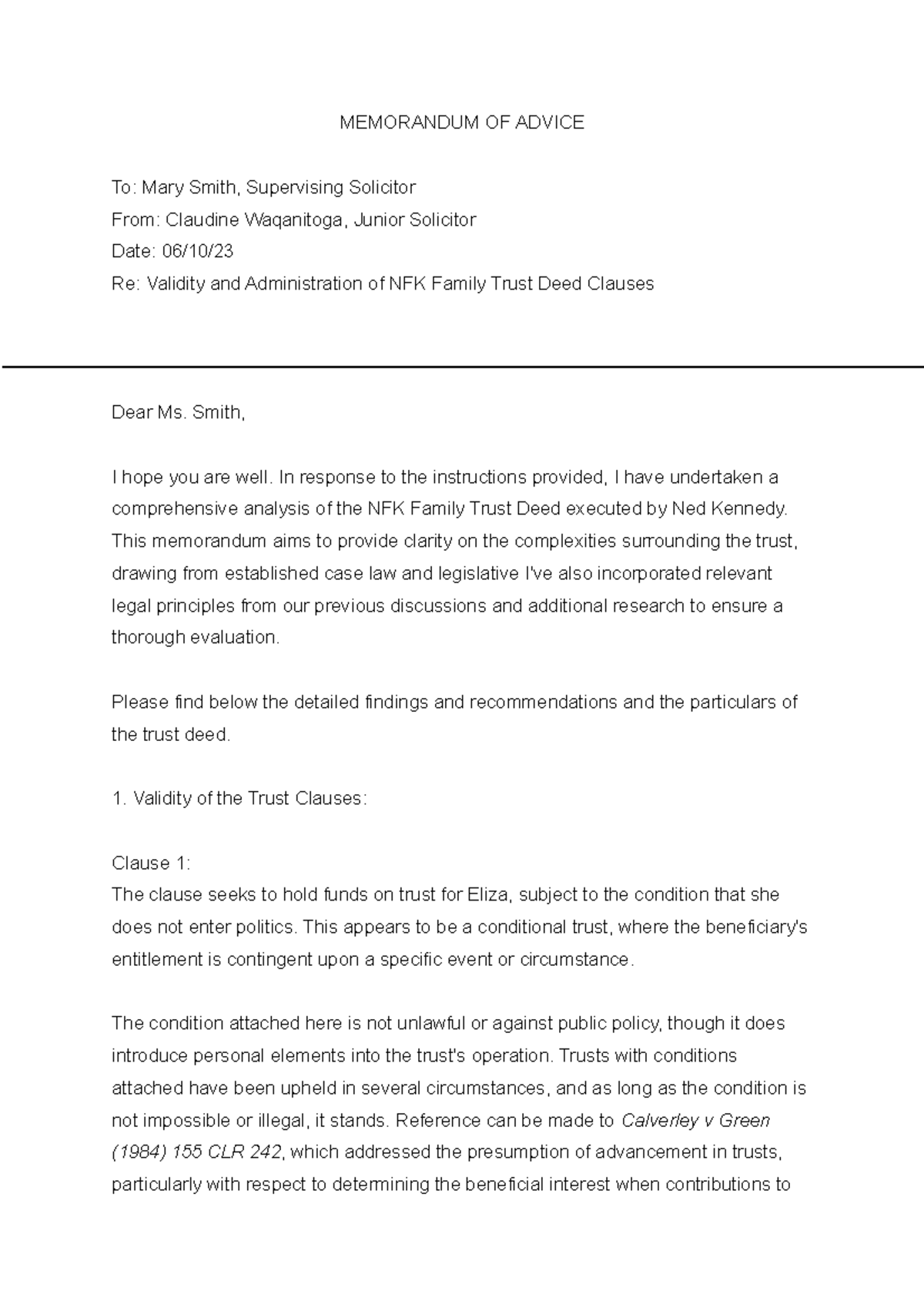 Memorandum Assignment - MEMORANDUM OF ADVICE To: Mary Smith ...