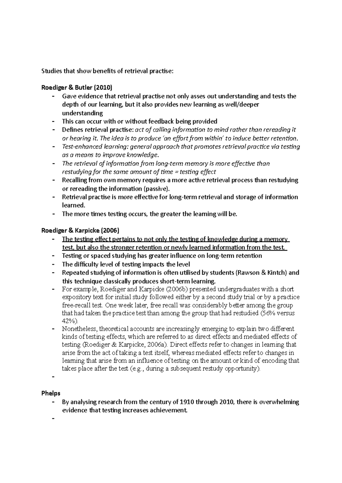 Assignment 2 notes - Studies that show benefits of retrieval practise ...