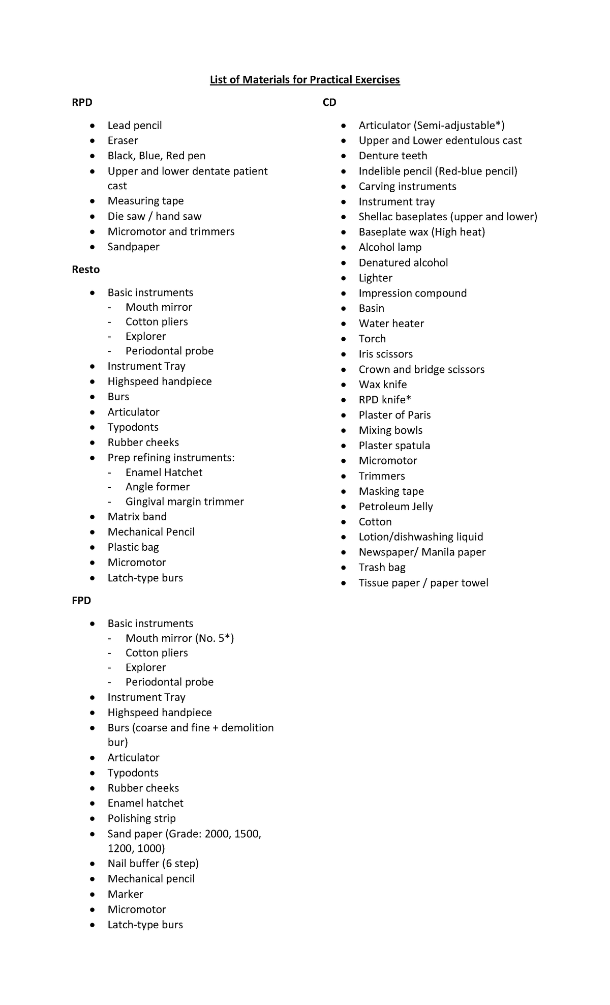 List of Materials - list - List of Materials for Practical Exercises ...