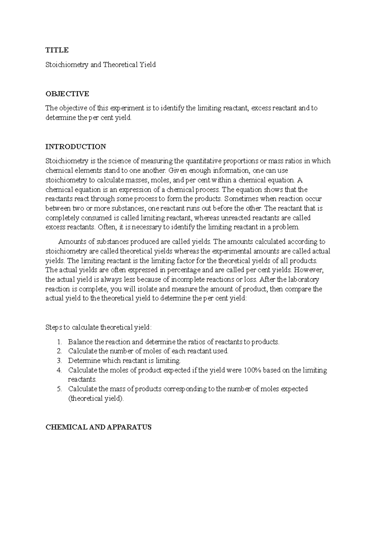 CHM420 EXP 4 Stoichiometry - TITLE Stoichiometry and Theoretical Yield ...