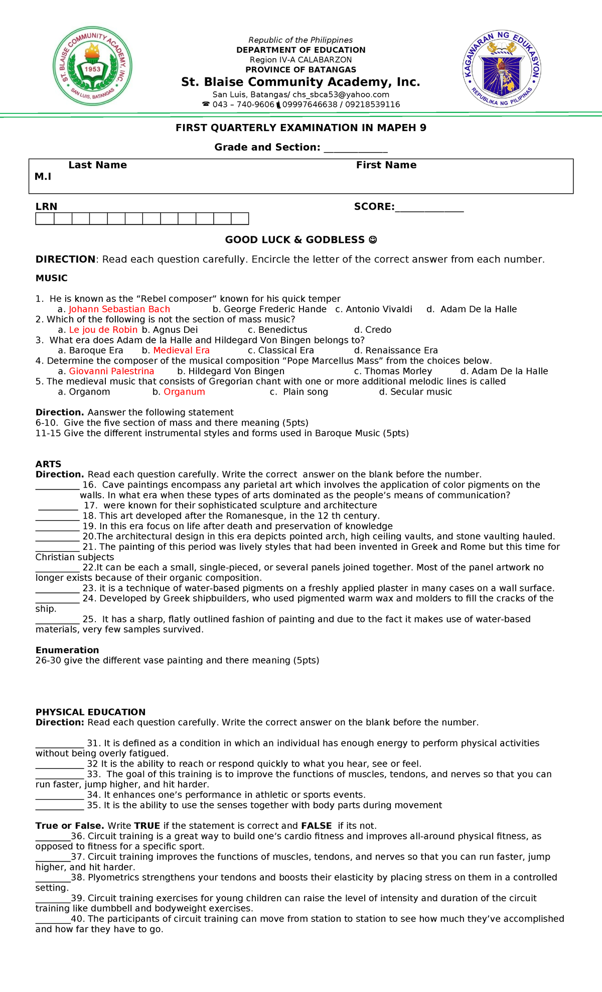 1st Quarterly EXAM Mapeh - Republic Of The Philippines DEPARTMENT OF ...