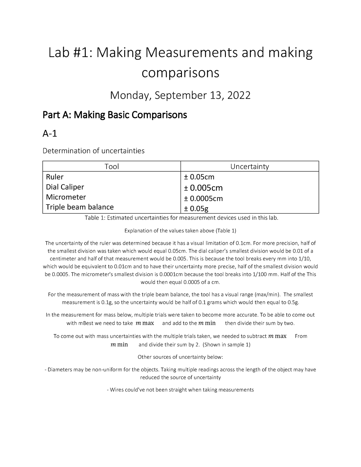 LAB 1 Making Measurements And Making Comparisons - Lab #1: Making ...