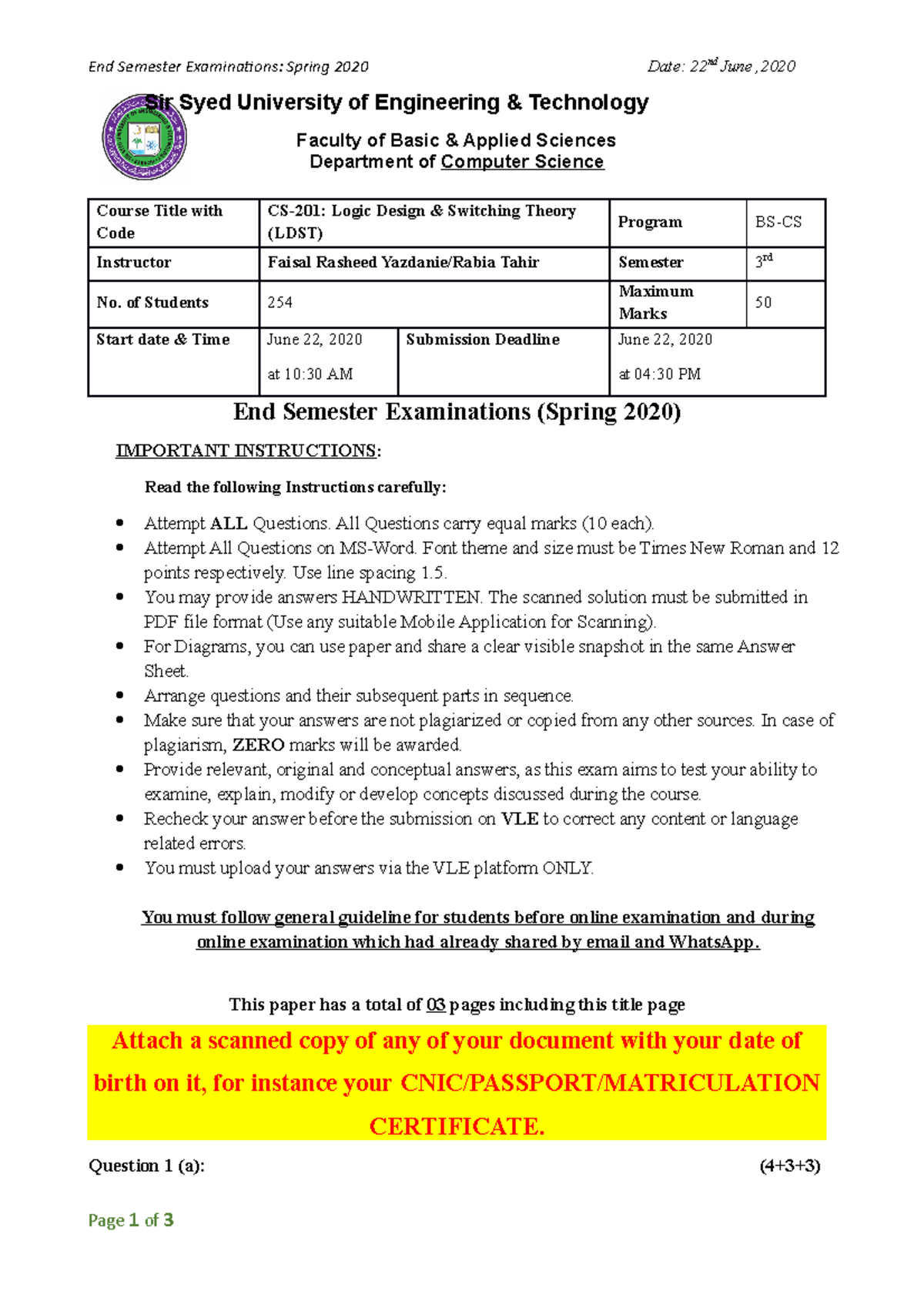 Final 15 August 2016, questions - End Semester Examinaions: Spring 2020 ...