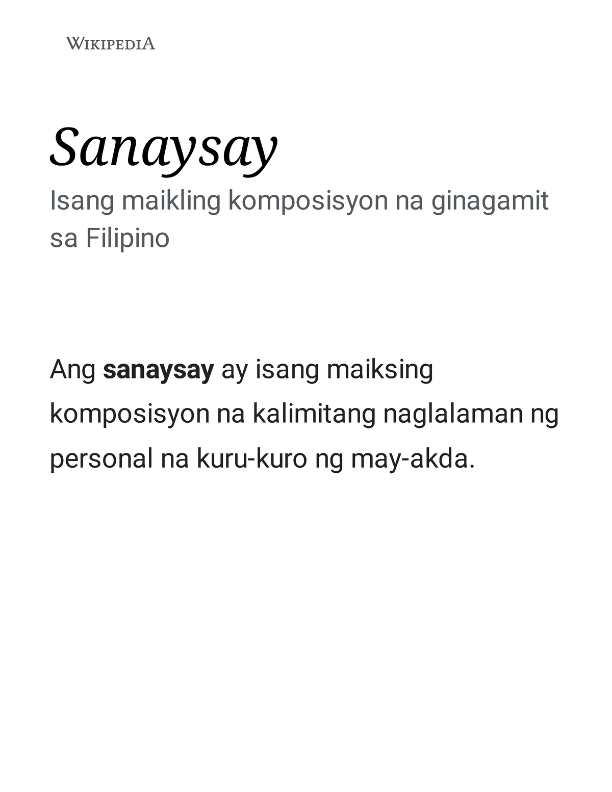 Sanaysay - Wikipedia, Ang Malayang Ensiklopedya - Sanaysay Isang ...