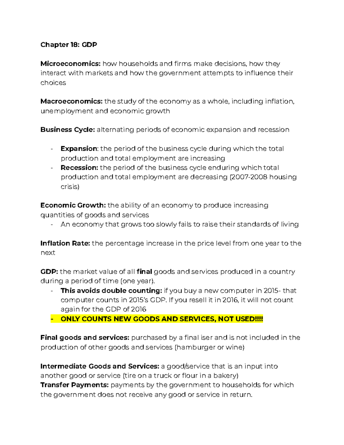 Chapter 18 GDP Notes - Chapter 18: GDP Microeconomics: how households ...