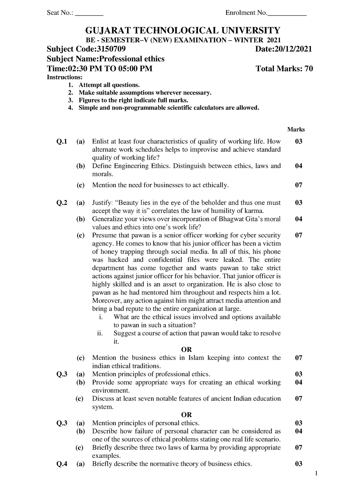 3150709 BE Winter 2021 - 1 Seat No.: ________ Enrolment No ...