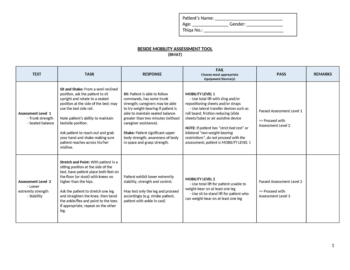 Bedside Moblity Assessment Tool (BMAT) - BESIDE MOBILITY ASSESSMENT ...