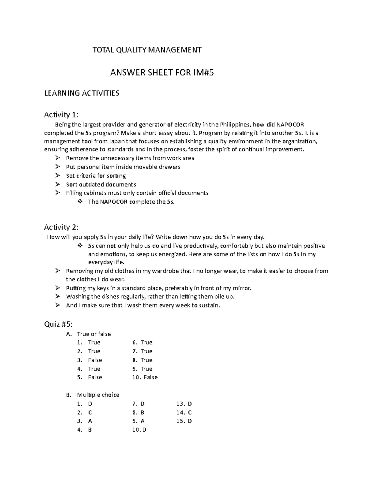 Total Quality Manangement IM NO - TOTAL QUALITY MANAGEMENT ANSWER SHEET ...