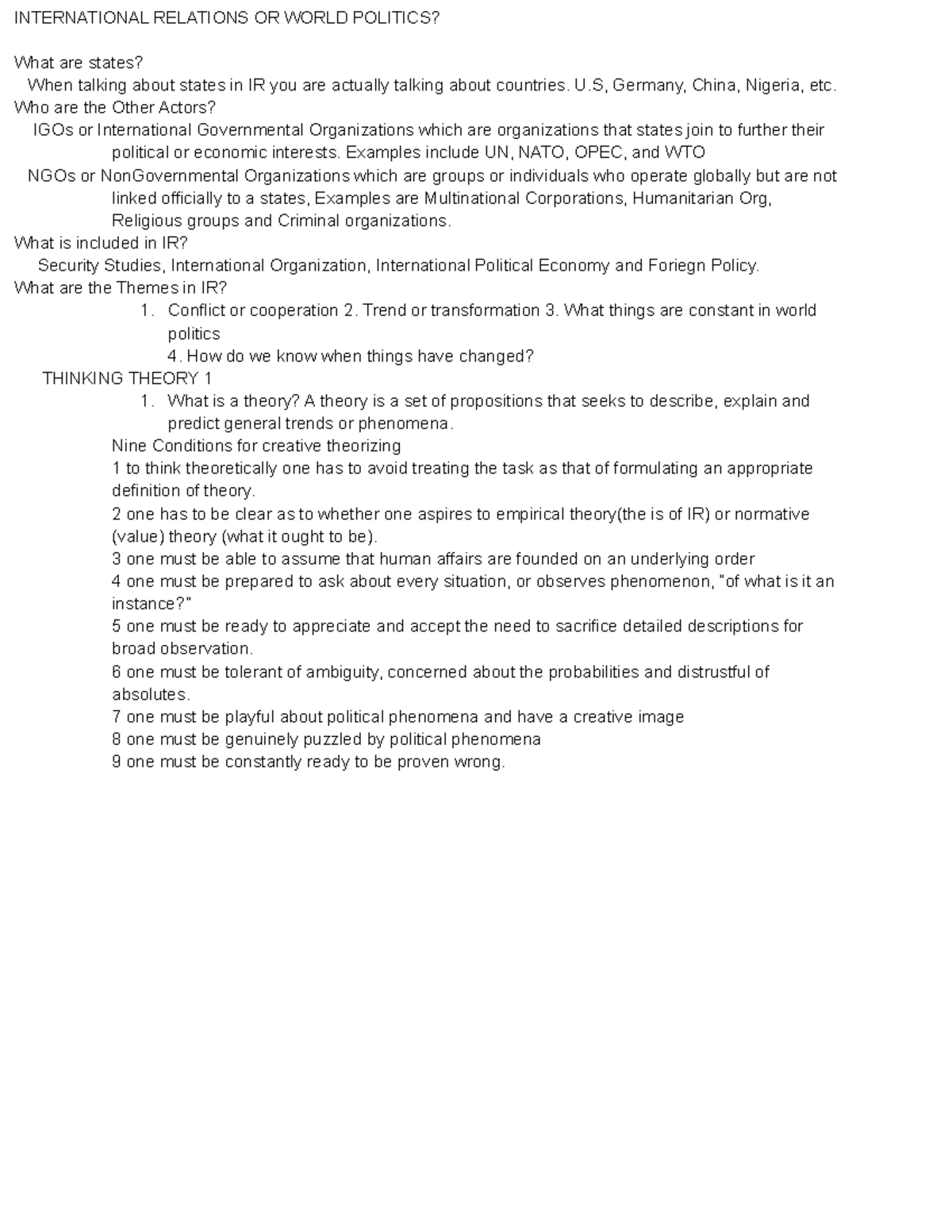 IR WEEK 2 Notes - INTERNATIONAL RELATIONS OR WORLD POLITICS? What are ...