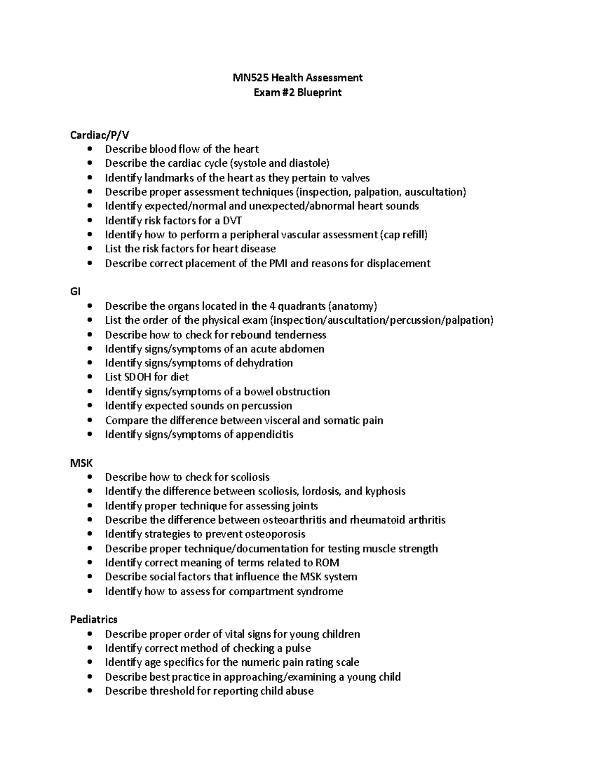 MN 525 Exam 2 Blueprint - Study Guide - MN525 Health Assessment Exam #2 ...