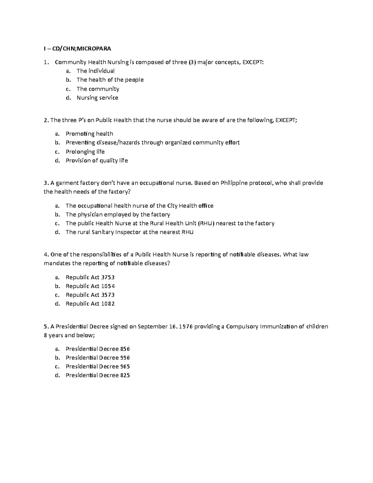Battery EXAM LAST YEAR Exams I CD/CHN;MICROPARA Community Health