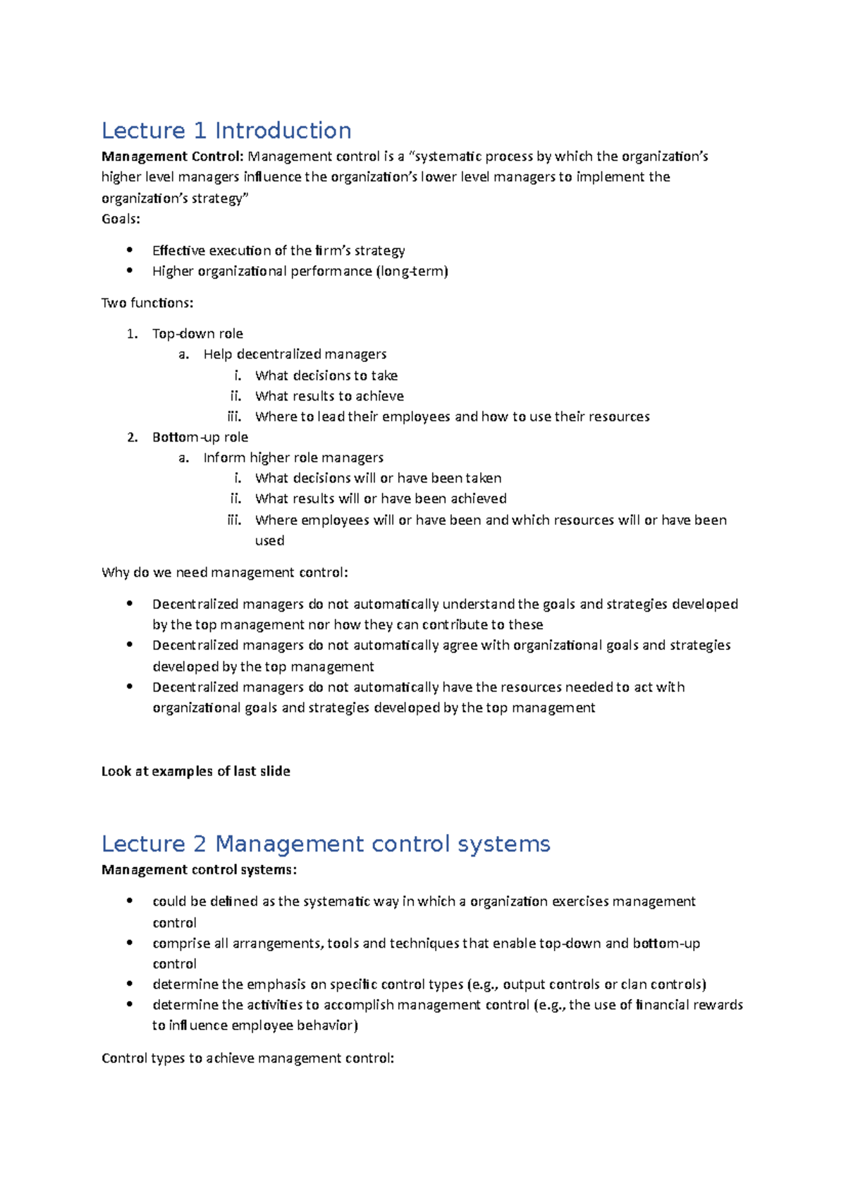 Management Control Samenvatting Lectures - Lecture 1 Introduction ...