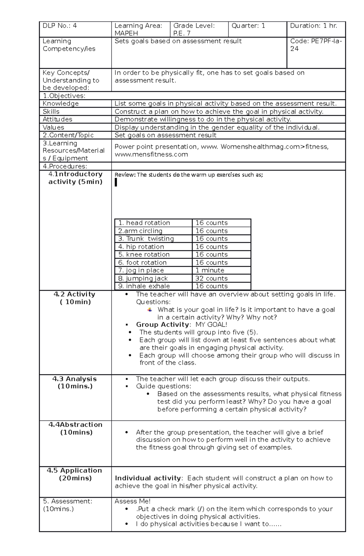 18 Pe7 Dlp - DLP MAPEH 7 - DLP No.: 4 Learning Area: MAPEH Grade Level ...