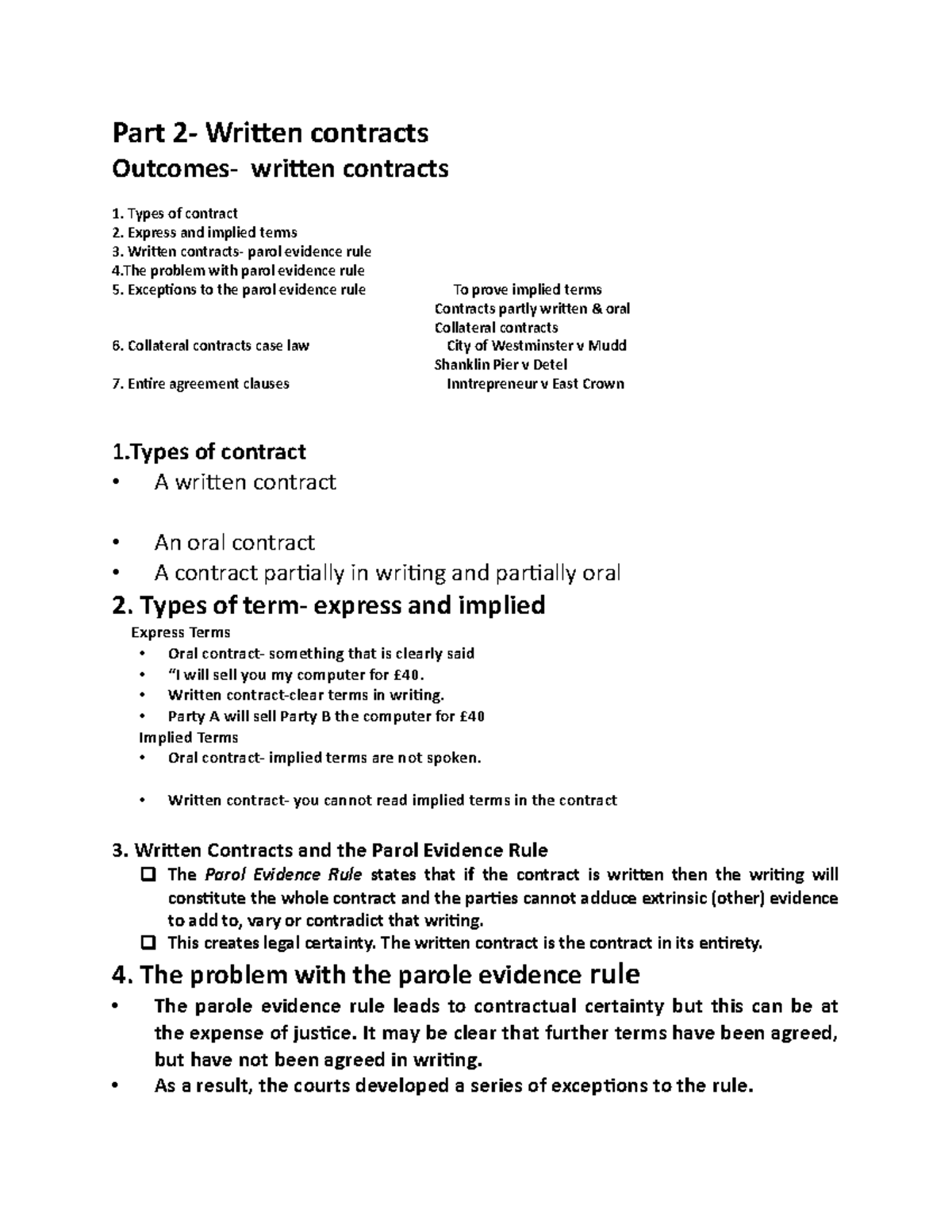 Contract law Part 2 - Part 2- Written contracts Outcomes- written ...
