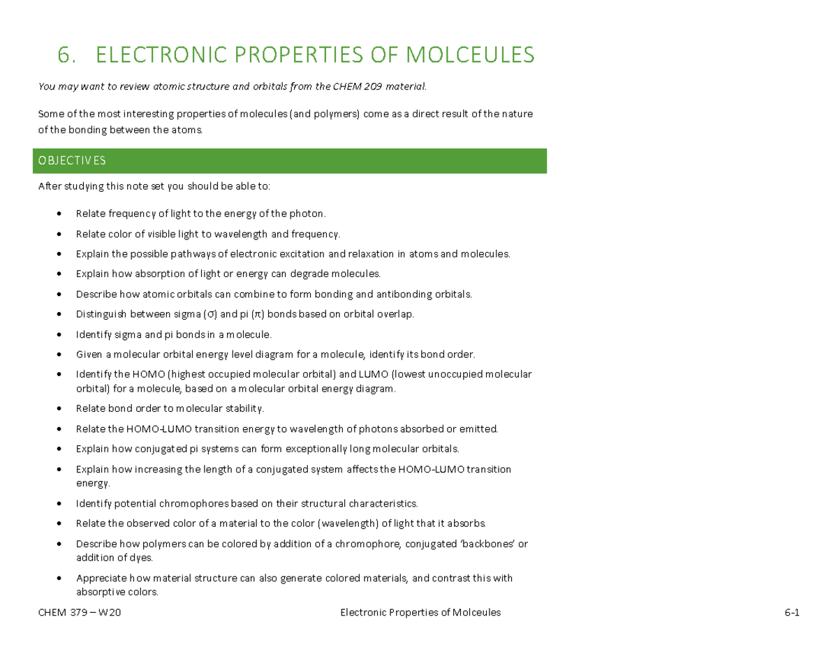 7 - Electronic Properties Of Molecules - CHEM579 - UCalgary - Studocu