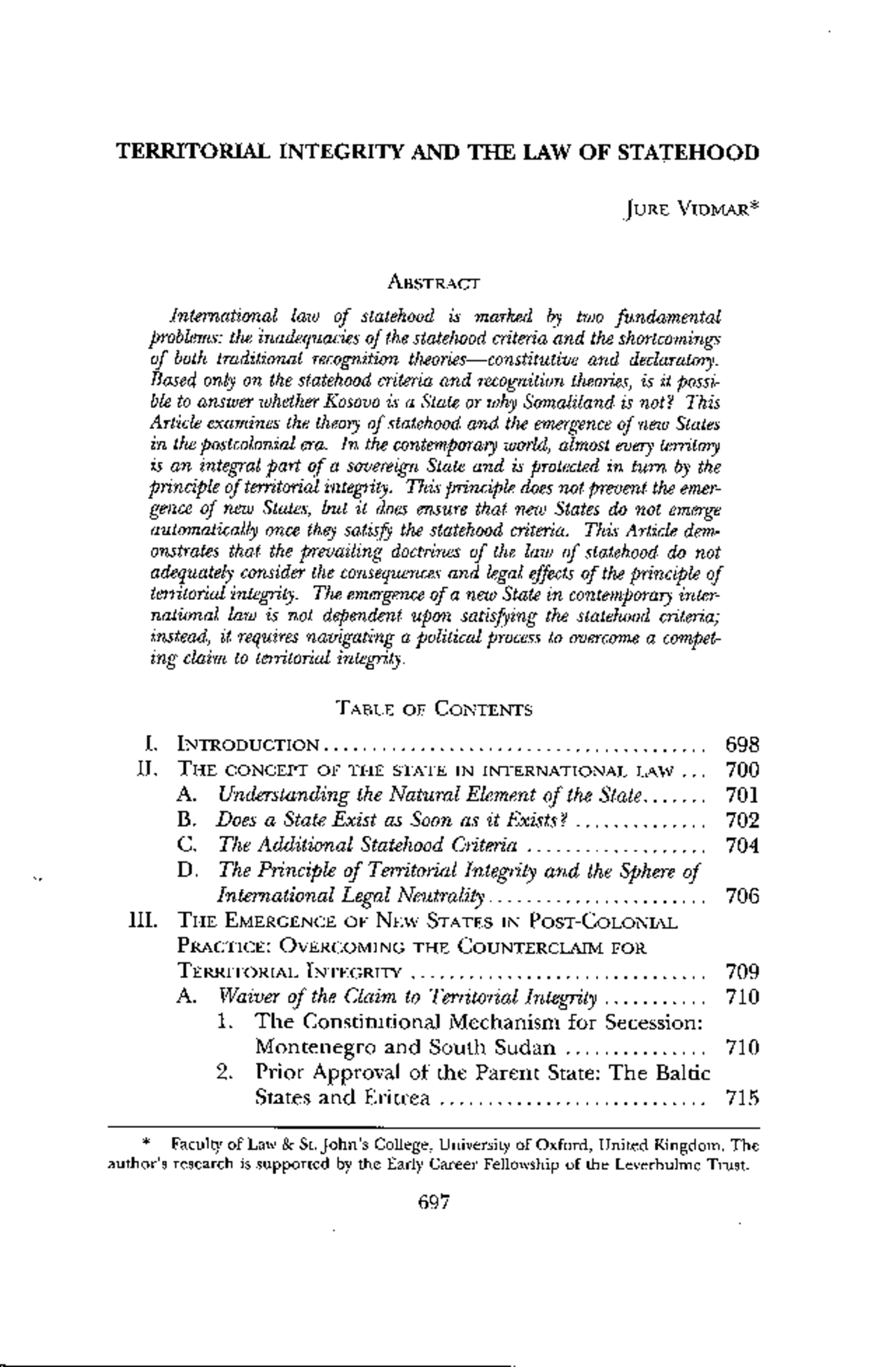 Territorial Integrity And The Law Of Statehood – IDOCTJ
