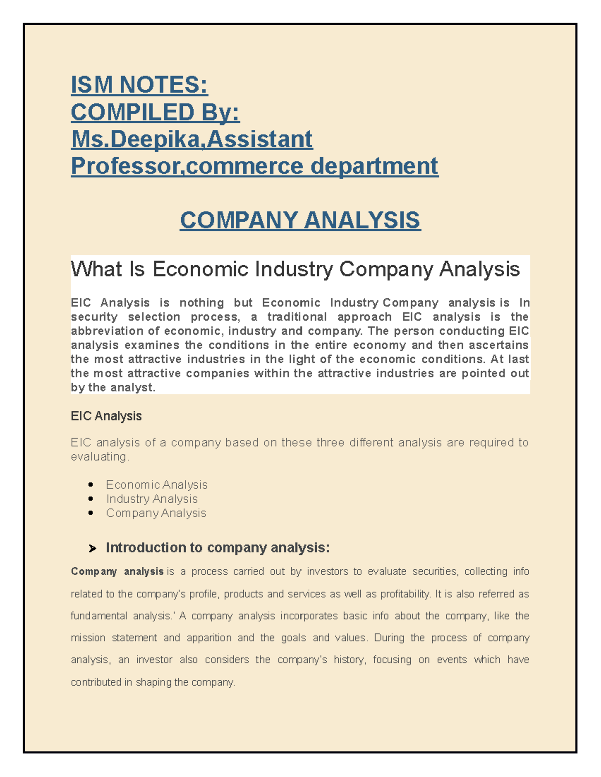 Company Analysis study material ISM NOTES COMPILED By Ms,Assistant
