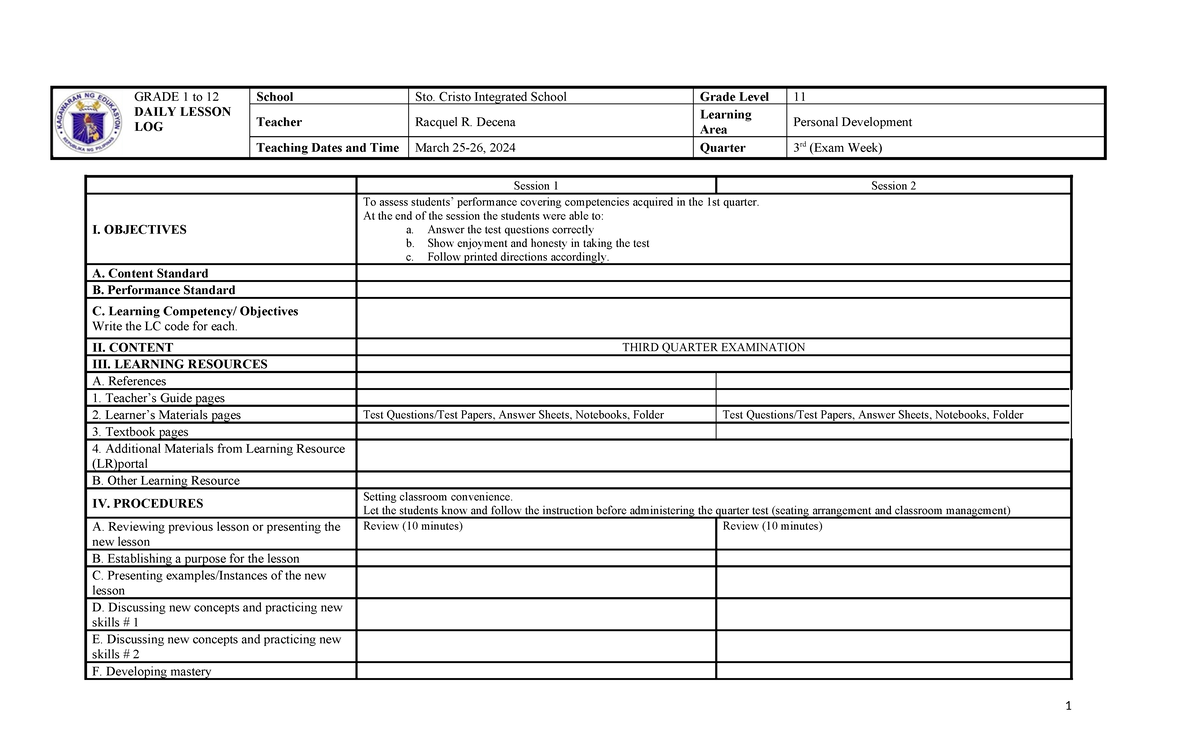 Dll Perdev Q3 Exam Week 8 Grade 1 To 12 Daily Lesson Log School Sto Cristo Integrated School 6877