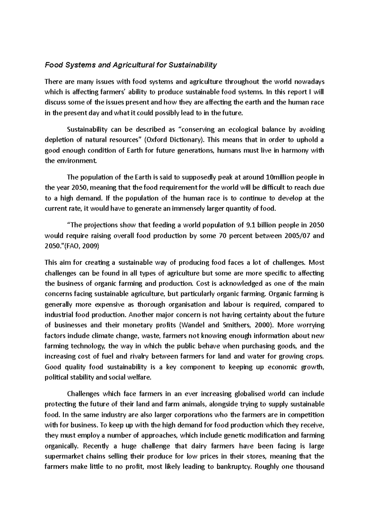 Food Systems and Agriculture in Sustainablility - In this report I will ...