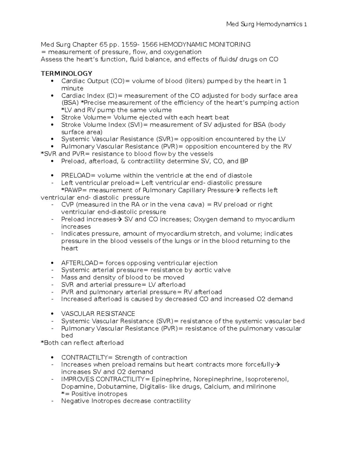 Med Surg Chapter 65 Hemodynamic - Med Surg Chapter 65 Pp. 1559- 1566 ...