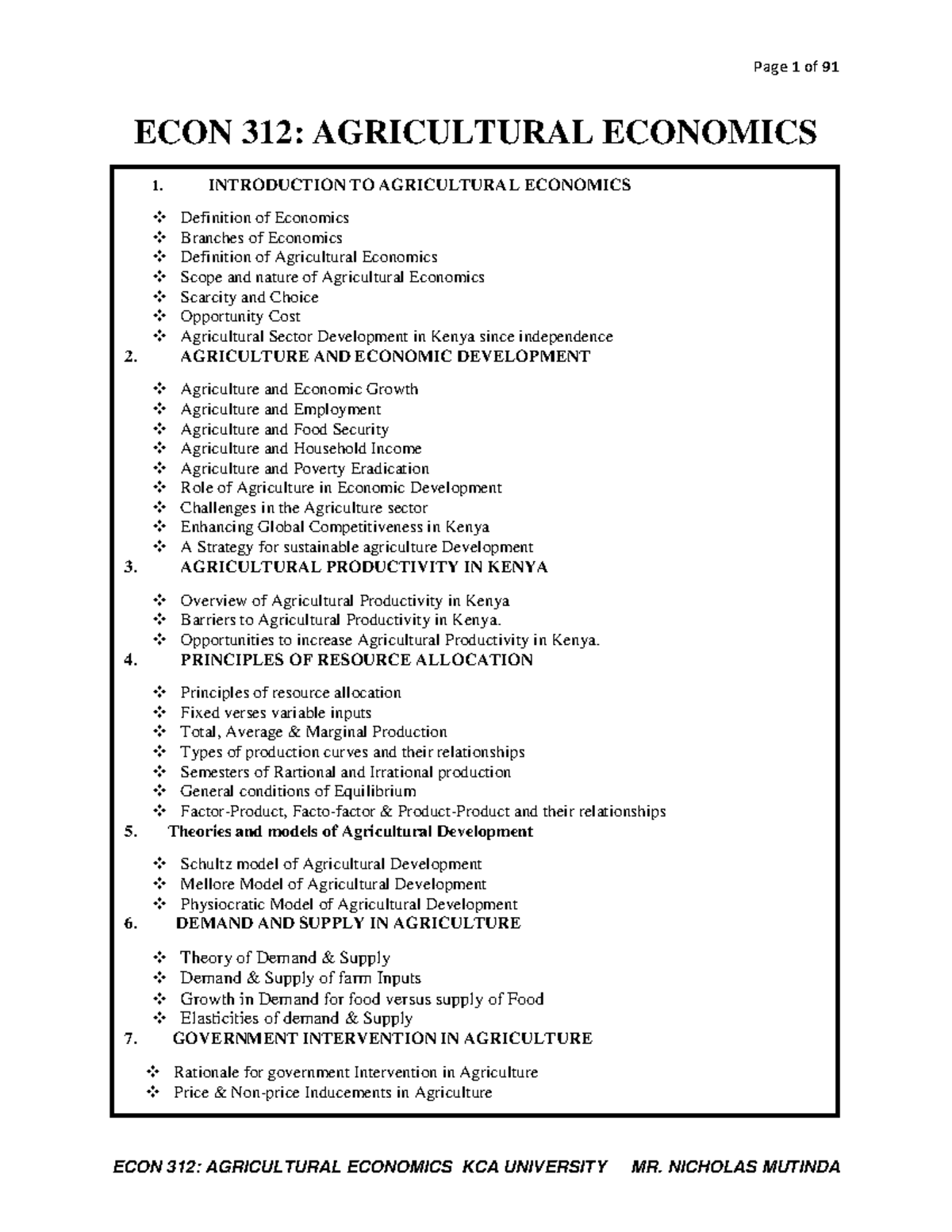 Agric ECON 312 Notes ECON 312 AGRICULTURAL ECONOMICS INTRODUCTION TO