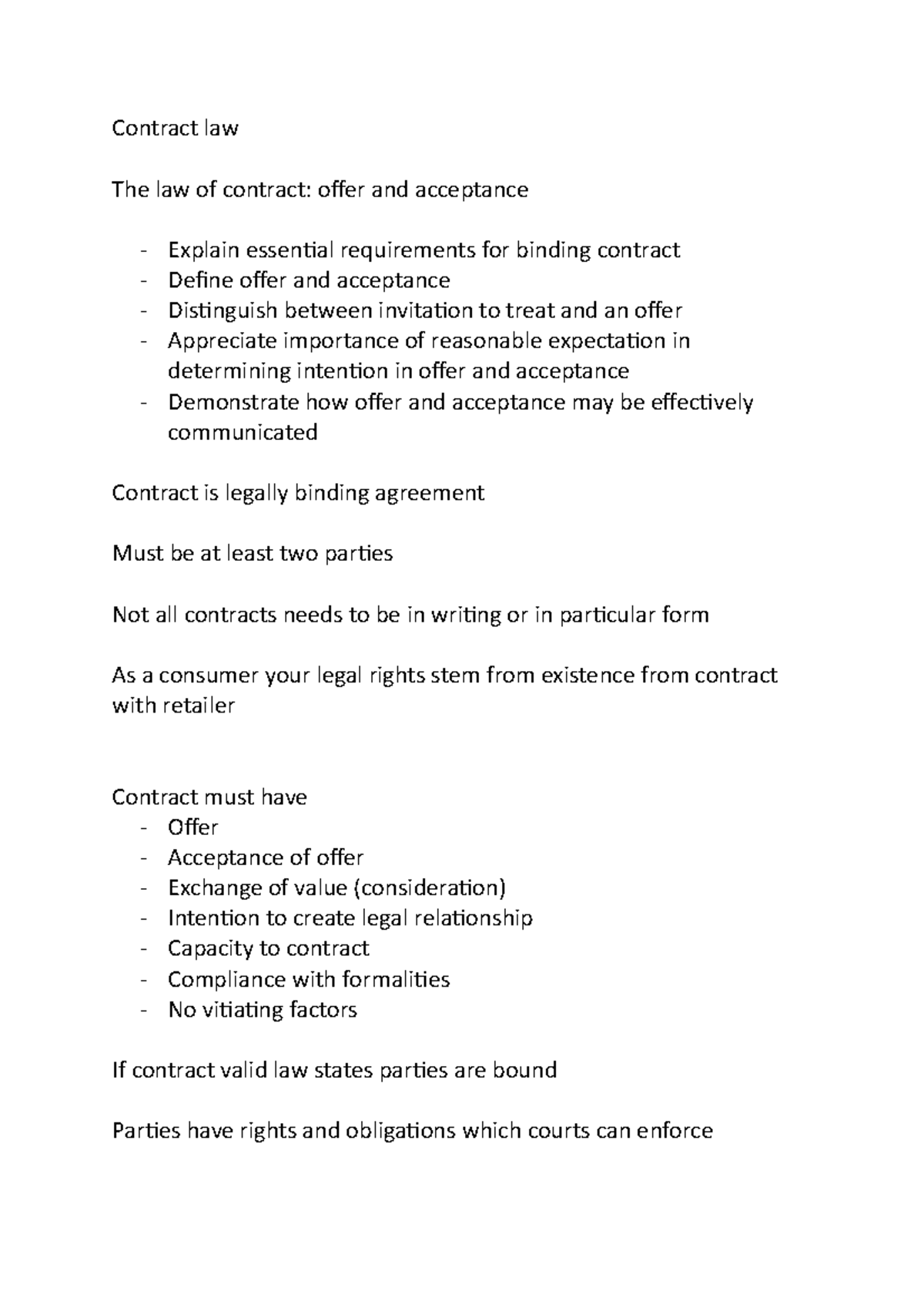 Contract law - Lecture notes 3 - Contract law The law of contract ...