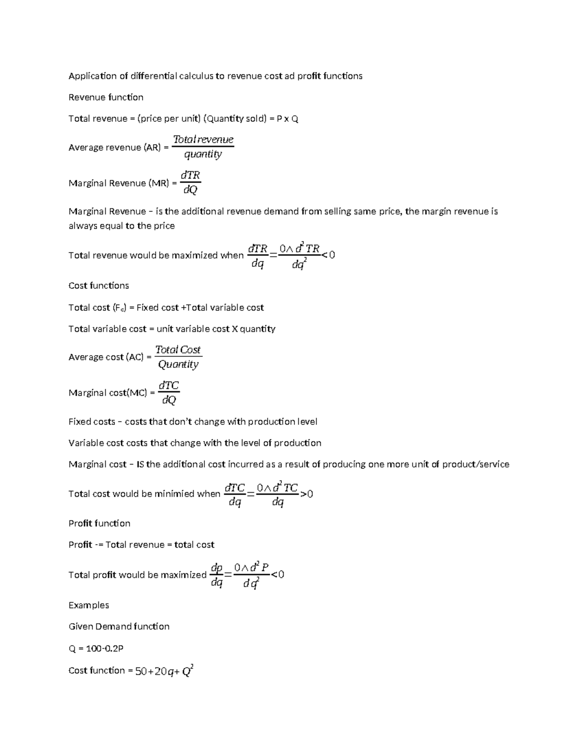 Application of differential calculus to revenue cost ad profit