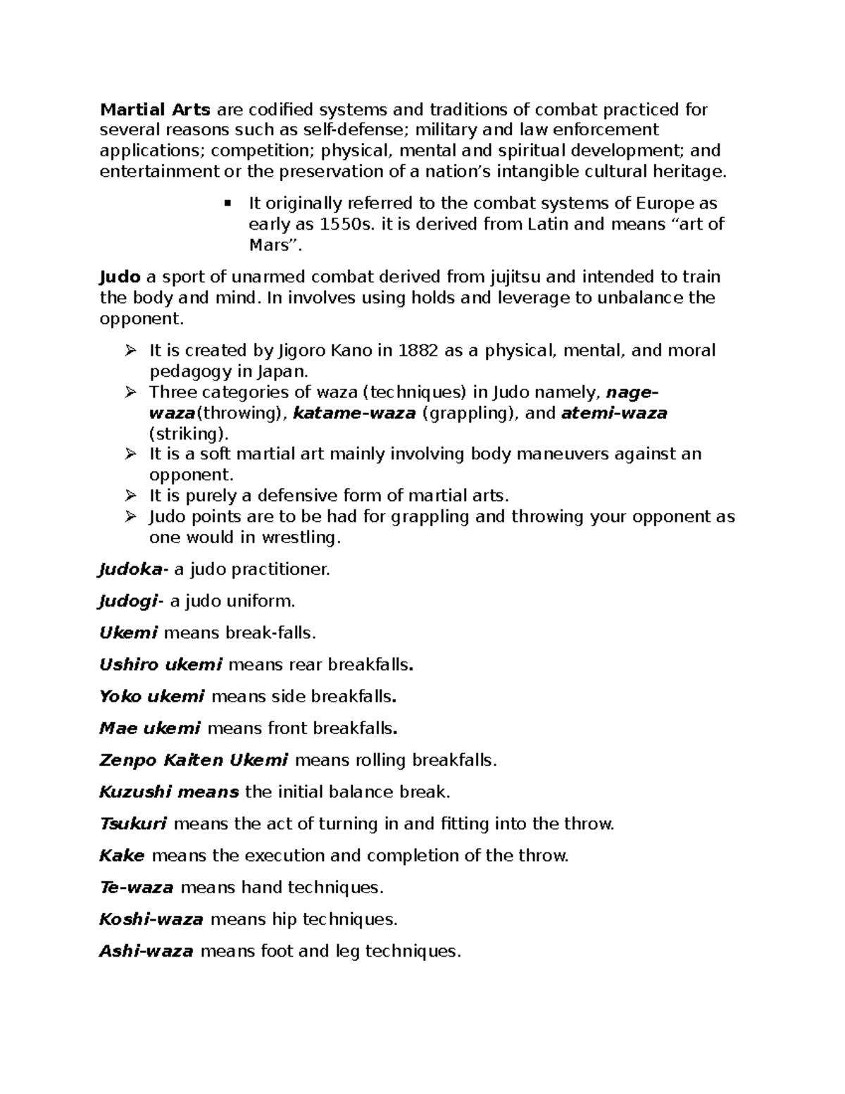 PE- Martial ARTS - This document pertains to the notes in Physical ...