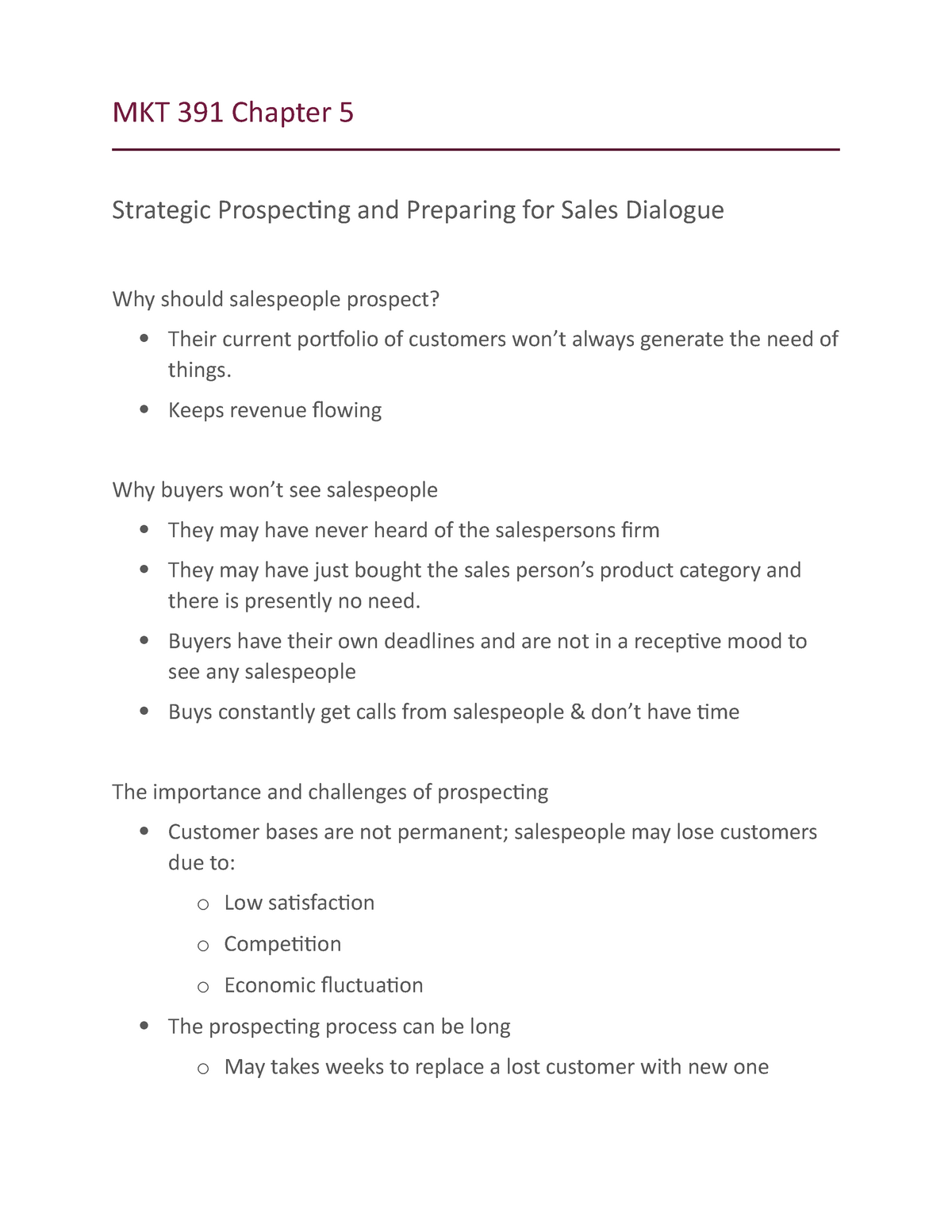 Mkt 391 Chapter 5 Lecture Notes 5 Mkt 391 Chapter 5 Strategic Prospecting And Preparing For 7301