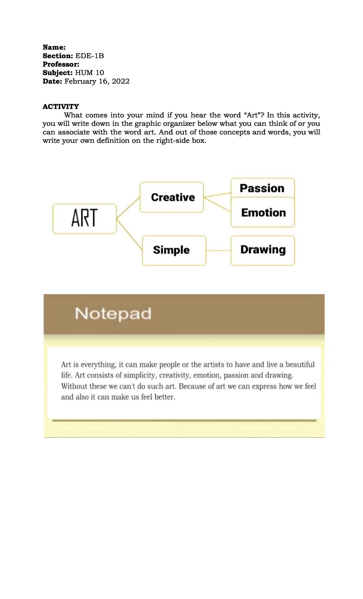 Art Appreciation Name Section EDE1B Professor Subject HUM 10