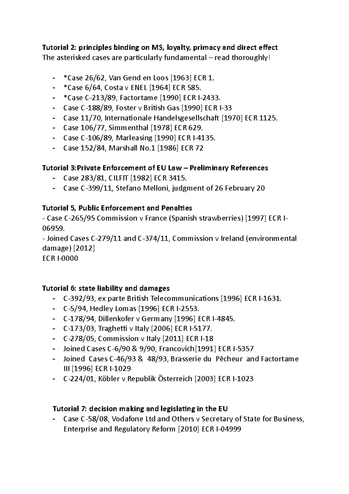 Public law case list Tutorial 2 principles binding on MS, loyalty