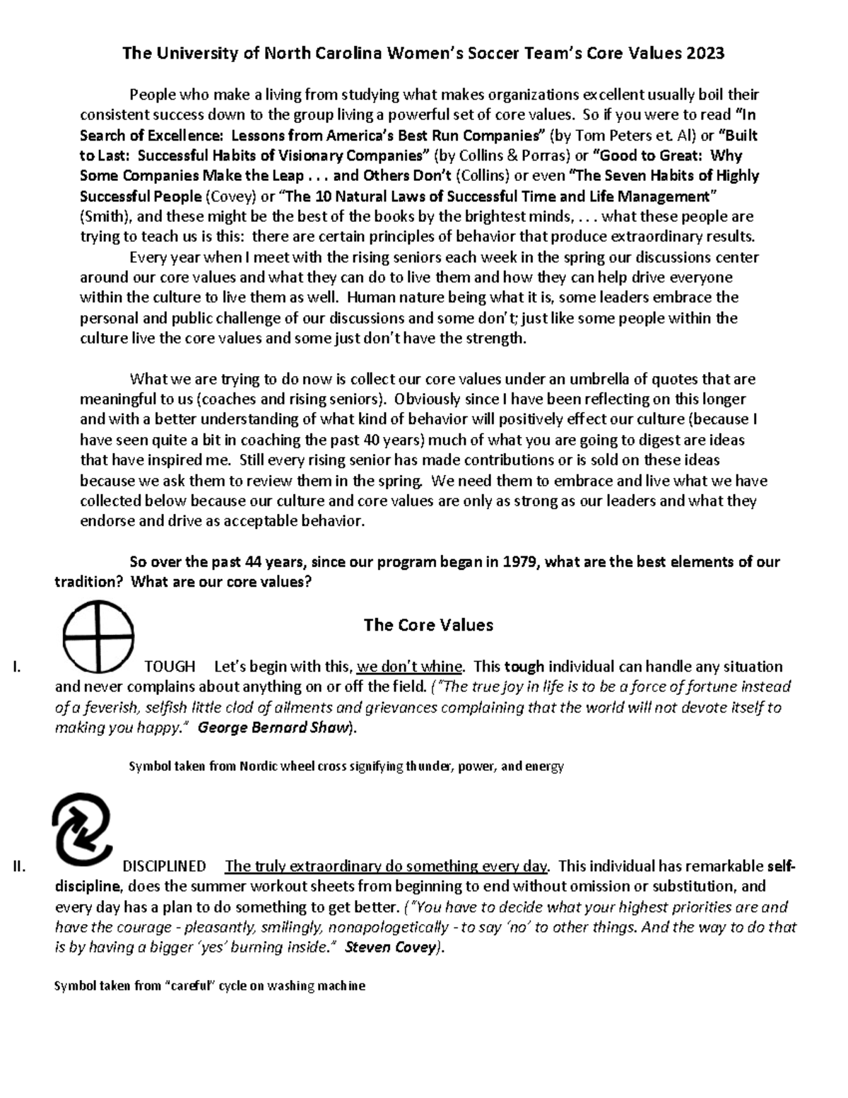 Core values Class readings The University of North Carolina Women’s Soccer Team’s Core