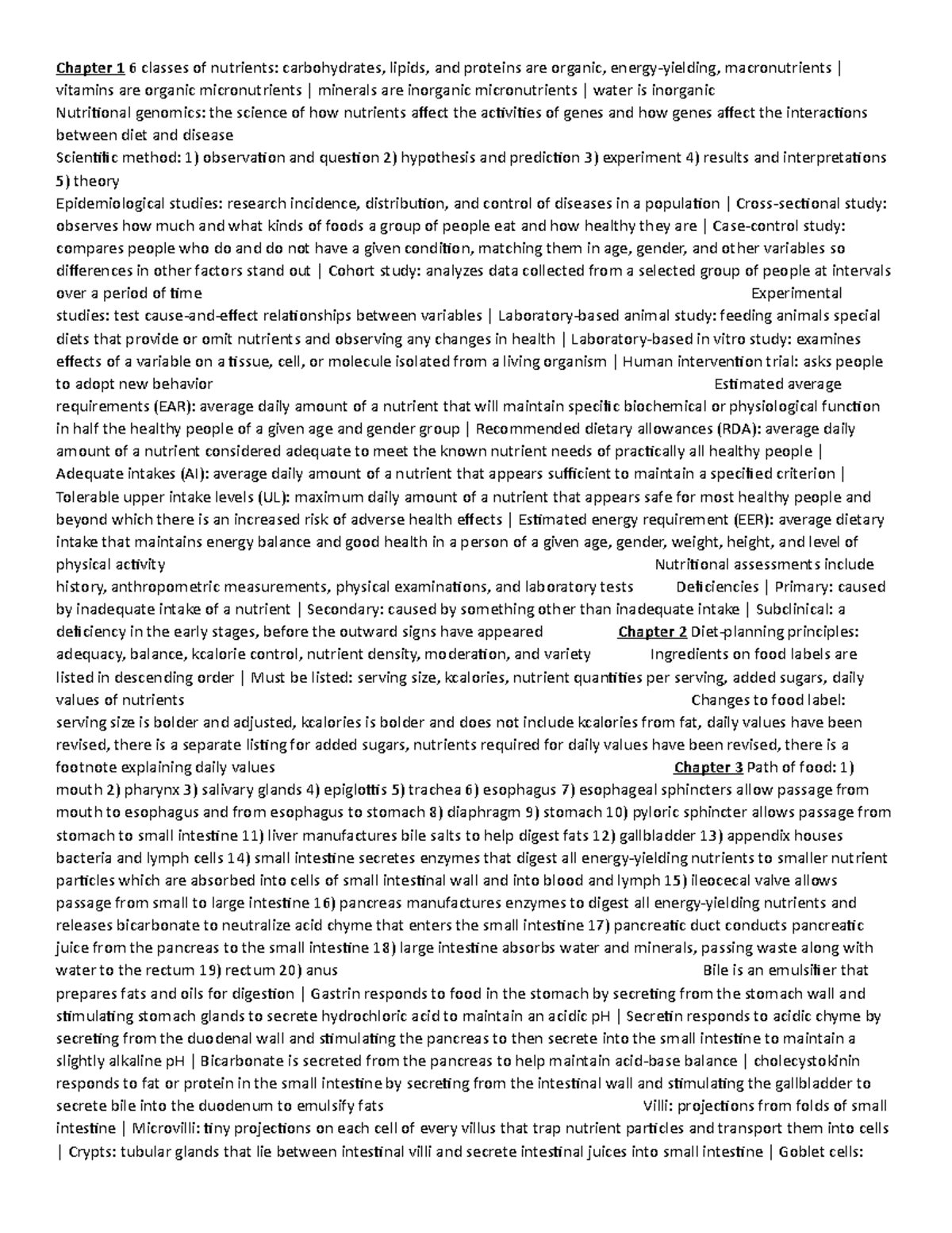 Human Nutrition Exam 1 Cheat Sheet - Chapter 1 6 classes of nutrients ...