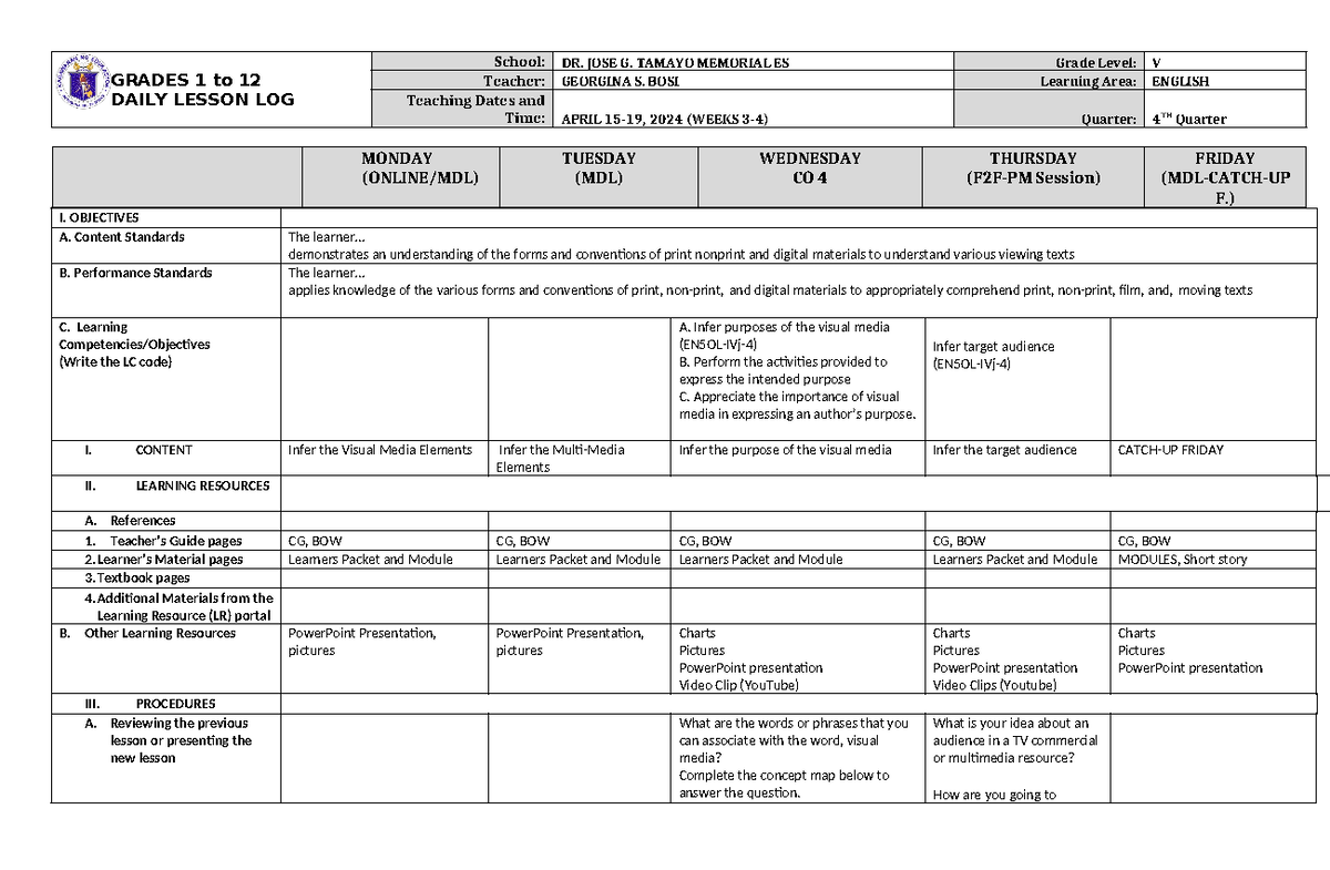 Grade 5 CO4 DLL English 5 Q4 Week 4 - GRADES 1 to 12 DAILY LESSON LOG ...