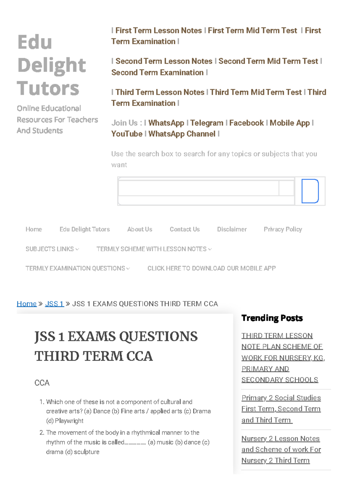 JSS 1 Exams Questions Third TERM CCA Edu Delight Tutors JSS 1 EXAMS QUESTIONS THIRD TERM CCA