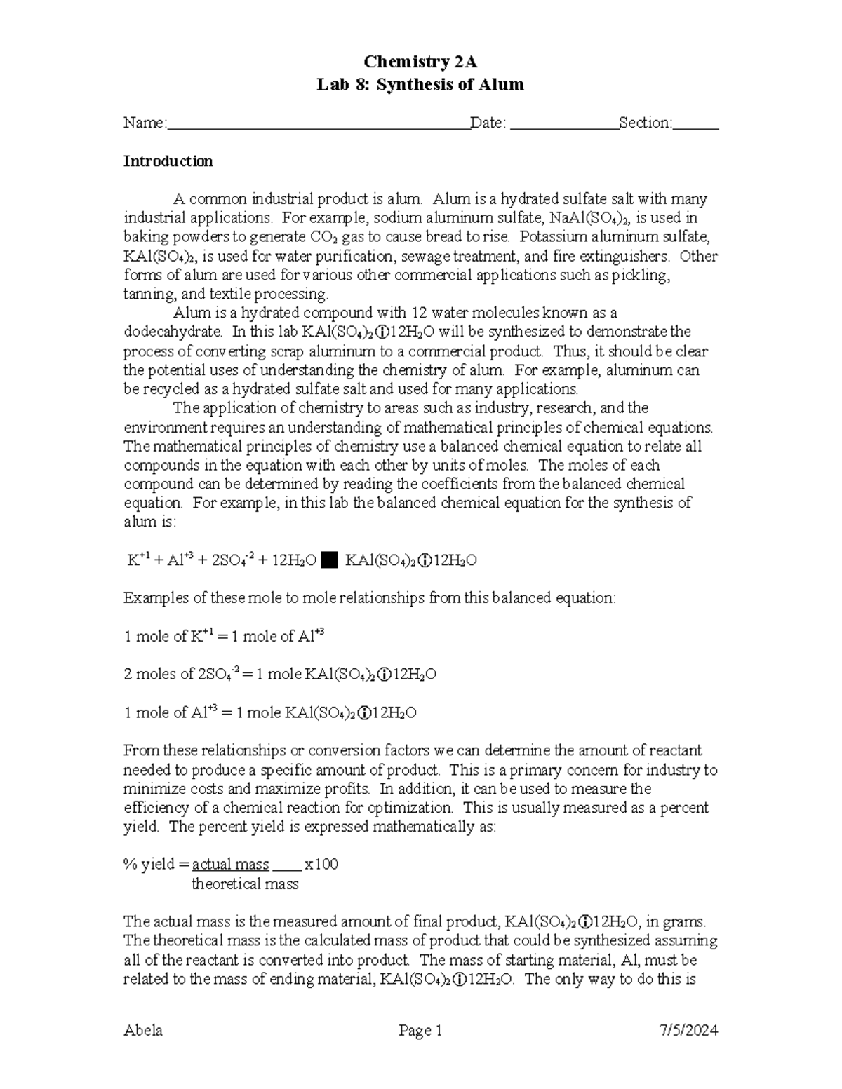 Chem 2A Lab 8 Synthesis of Alum - Lab 8: Synthesis of Alum Name: Date ...