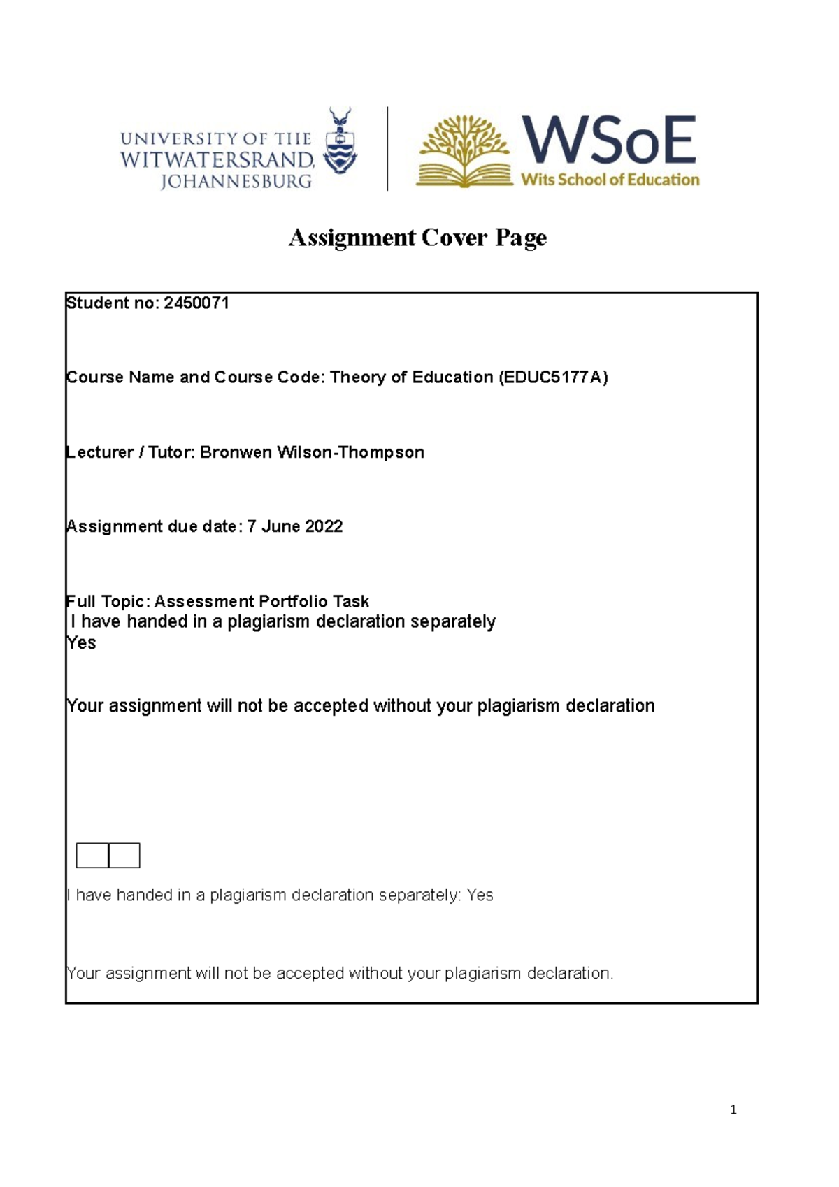 Assessment Portfolio Task - Assignment Cover Page The SOLO taxonomy ...