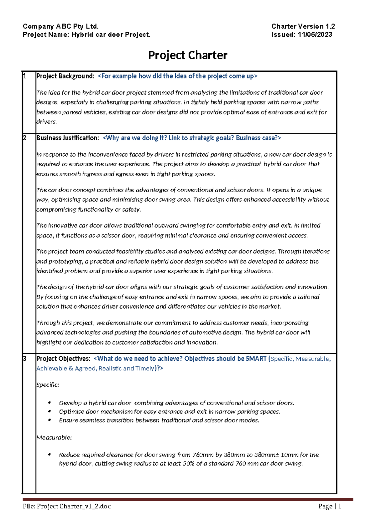 Ueeneeg 170A Project Charter Template - Project Name: Hybrid car door ...