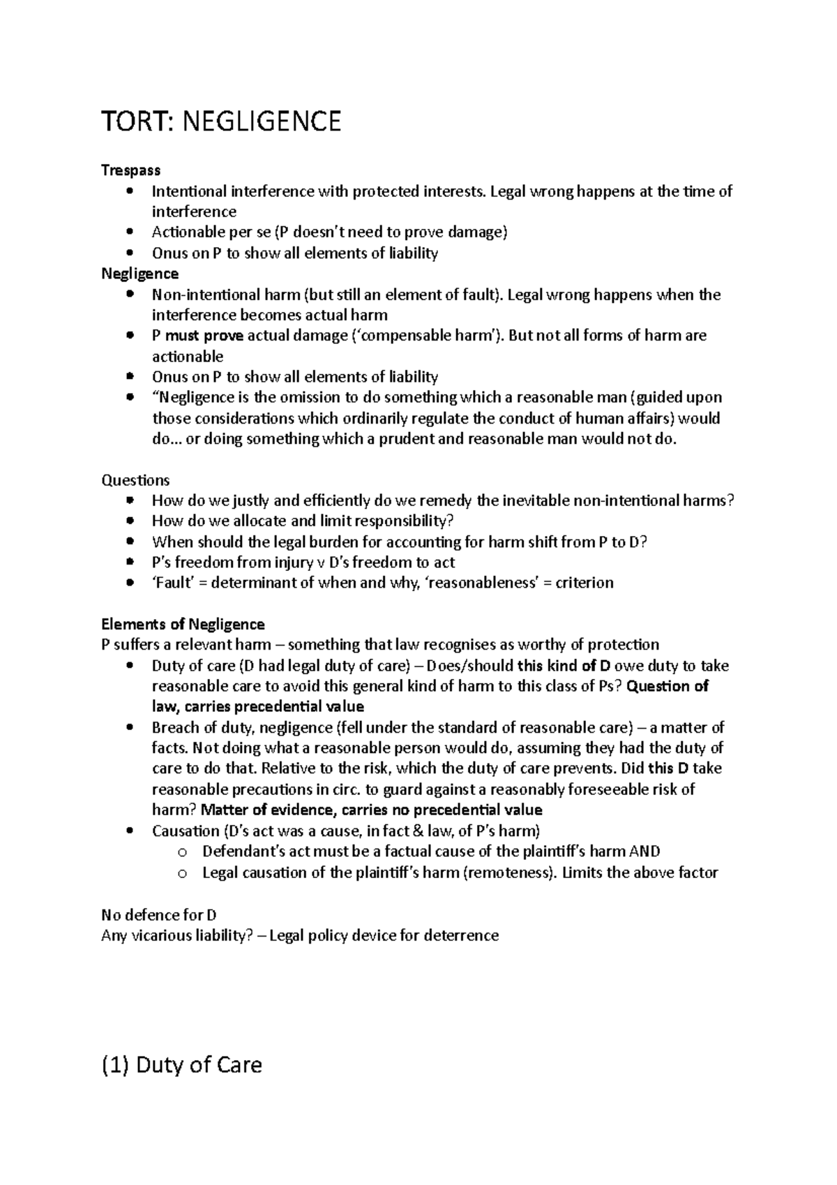 Negligence Notes - TORT: NEGLIGENCE Trespass Intentional Interference ...