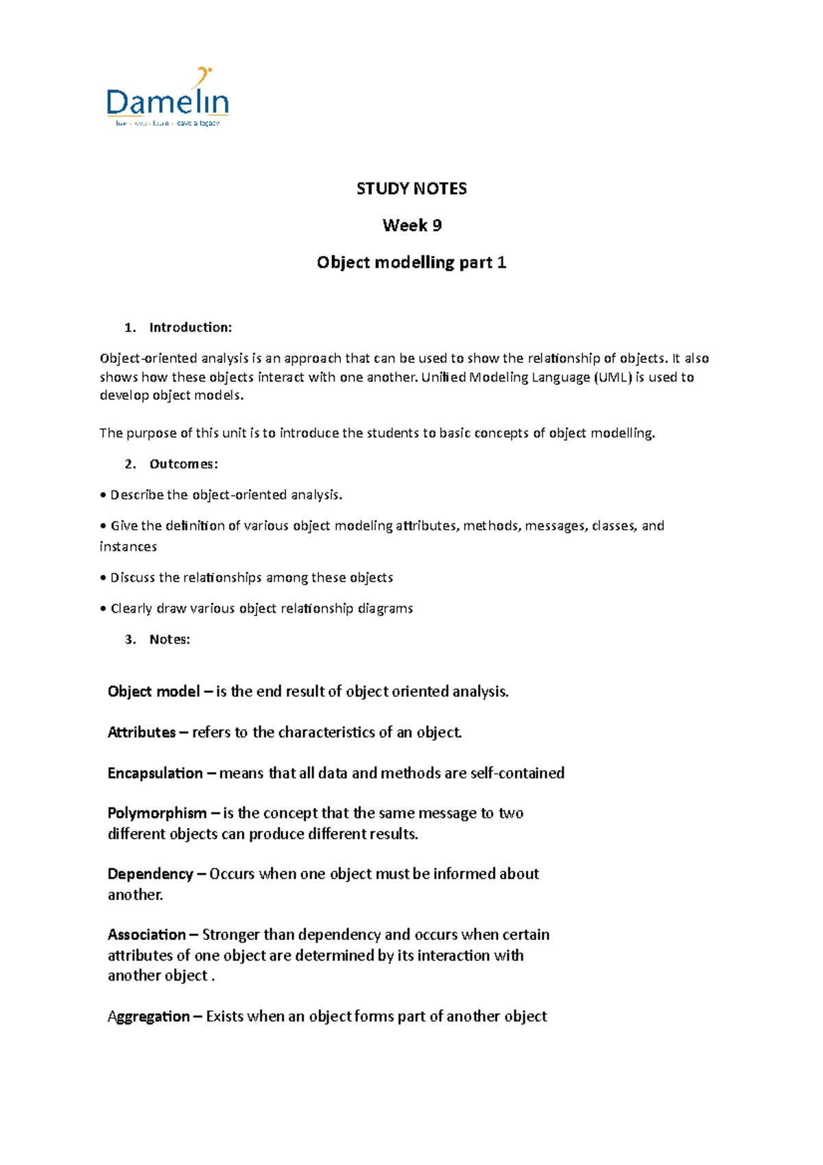 UNIt 9 object modeling part 1 - STUDY NOTES Week 9 Object modelling ...