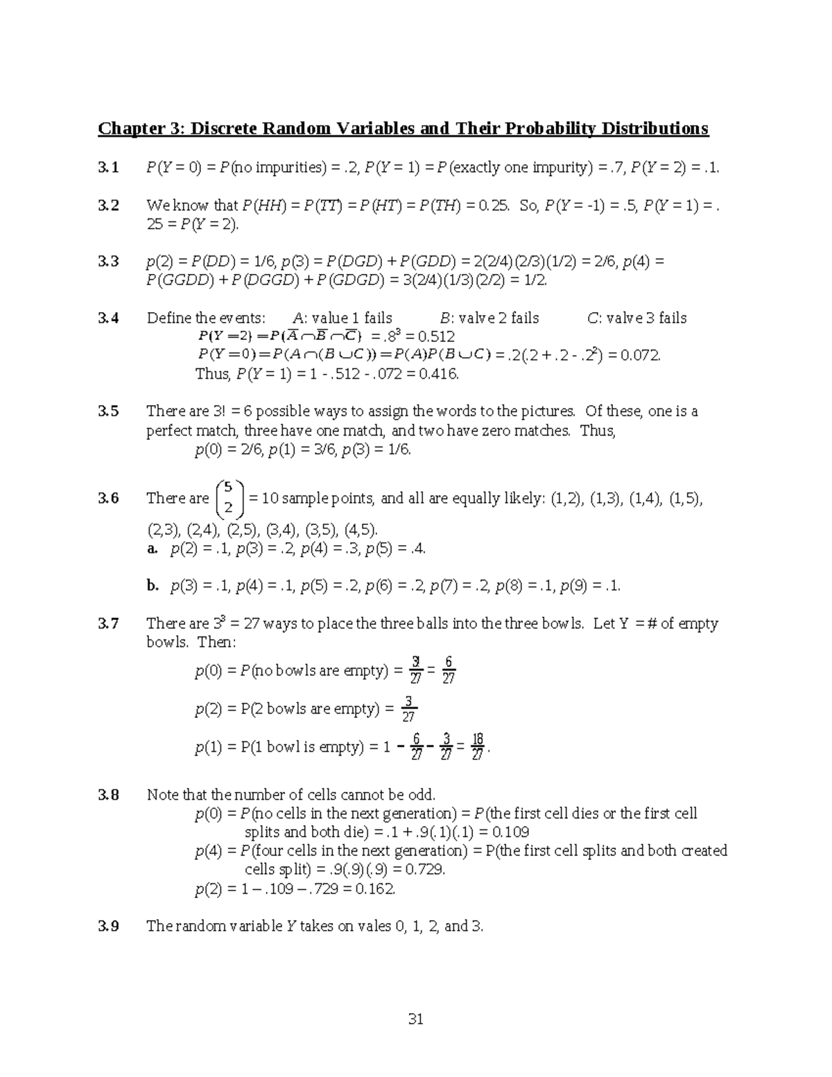 ISM chapter 3 - notes and textbook solutions - 3 P(Y = 0) = P(no ...