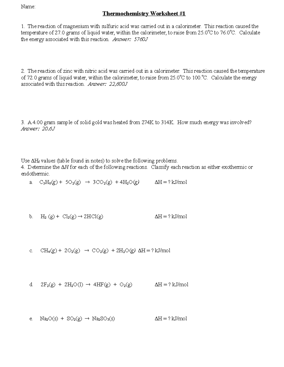 Themrochemistry Worksheet 1 And 2 2013 - Name: Thermochemistry 