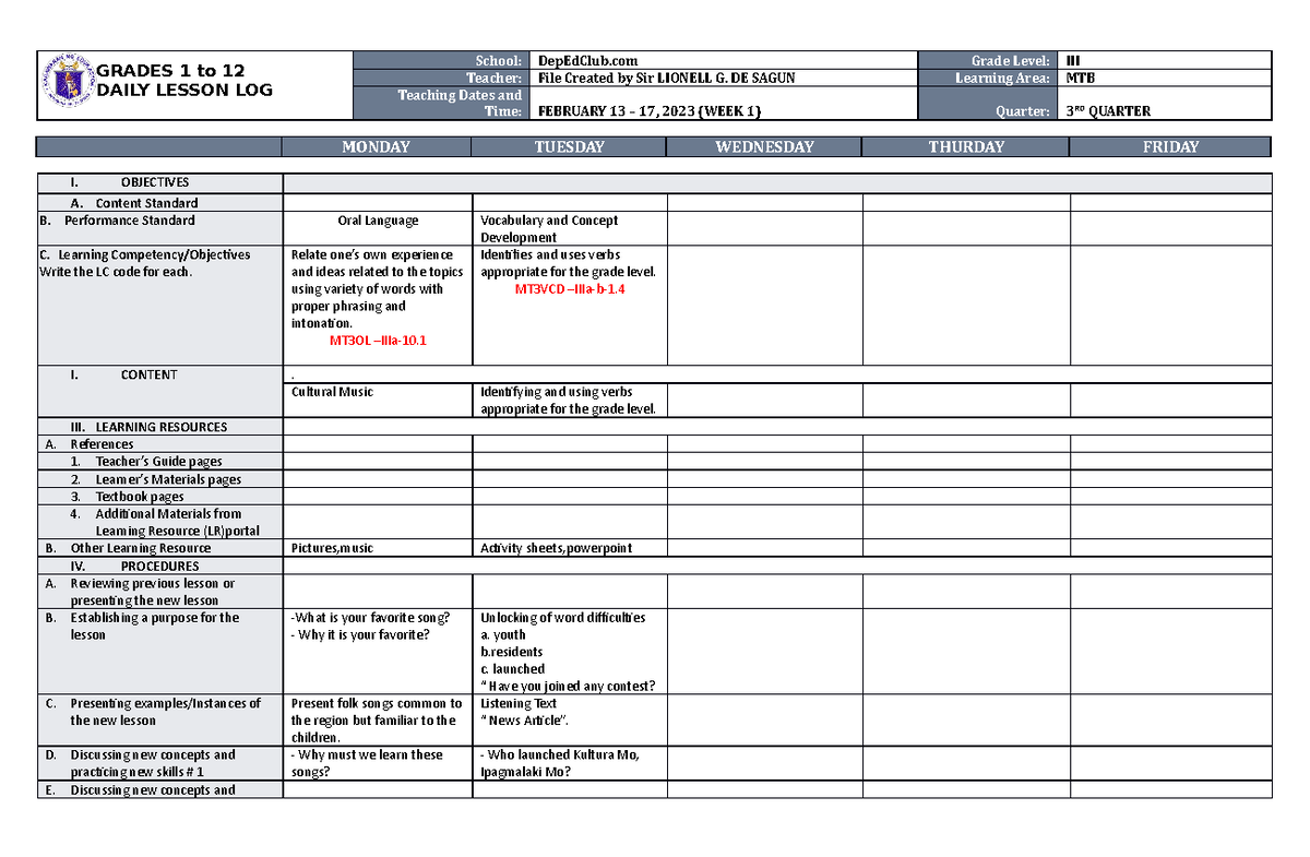 DLL MTB 3 Q3 W1 - GRADES 1 to 12 DAILY LESSON LOG School: DepEdClub ...