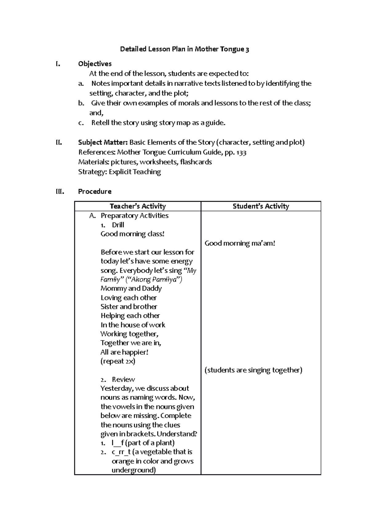 Mother Tongue Lesson Plan Bunawan Detailed Lesson Plan In Mother 