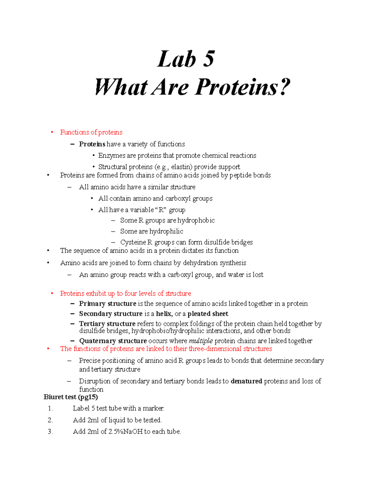BIO 1101 LAB 5 Lecture notes LAB 5 Lab 5 What Are Proteins