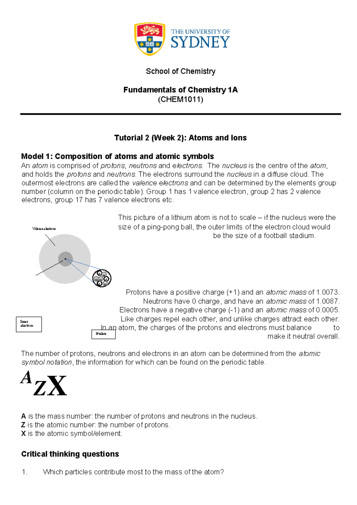 Tutorial 02 - PRACTISE - School of Chemistry Fundamentals of Chemistry ...